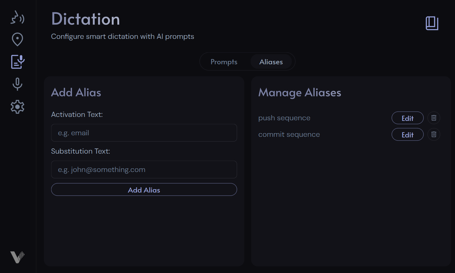 Aliases tab in Dictation menu