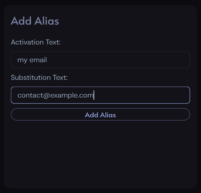 Aliases tab in Dictation menu
