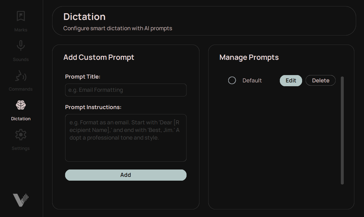 Dictation tab in Vocalance menu